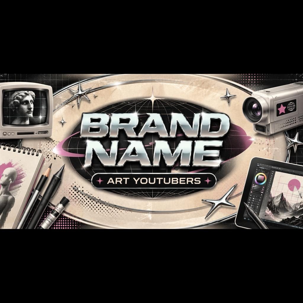 Wide social cover banner with centered placeholder brand name and tagline, vintage retro layout, and a Y2K chrome palette.