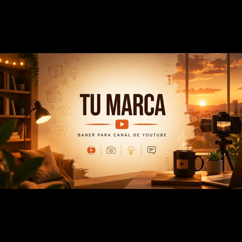 Banner horizontal 16:9 con diseño cálido, paleta sunset, tipografía de marca centrada y composición segura para recortes.