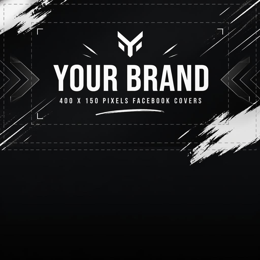 Minimal monochrome social cover banner with bold placeholder brand name, tagline layout, and centered safe-zone composition.