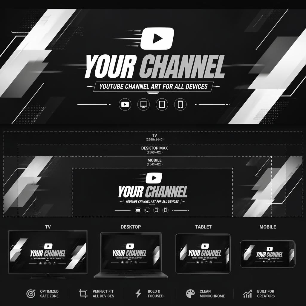 Minimal monochrome social cover banner with centered brand name, tagline placeholder text, and safe-zone layout for all devices.
