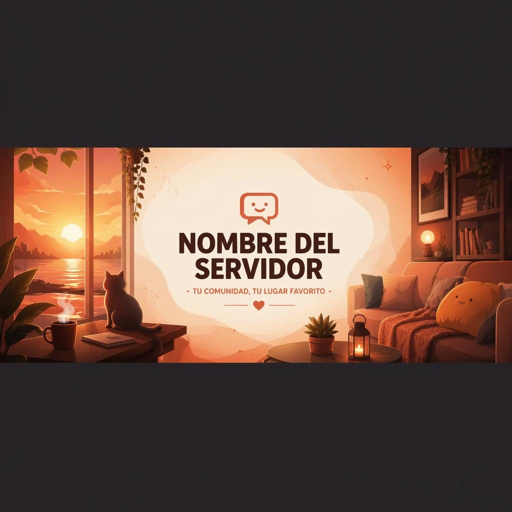 Banner horizontal ilustrado con paleta cálida de atardecer, nombre de marca centrado, subtítulo y composición segura.