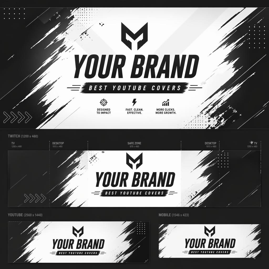 Minimal monochrome social cover banner with bold placeholder brand name, tagline layout, and centered safe-zone design.