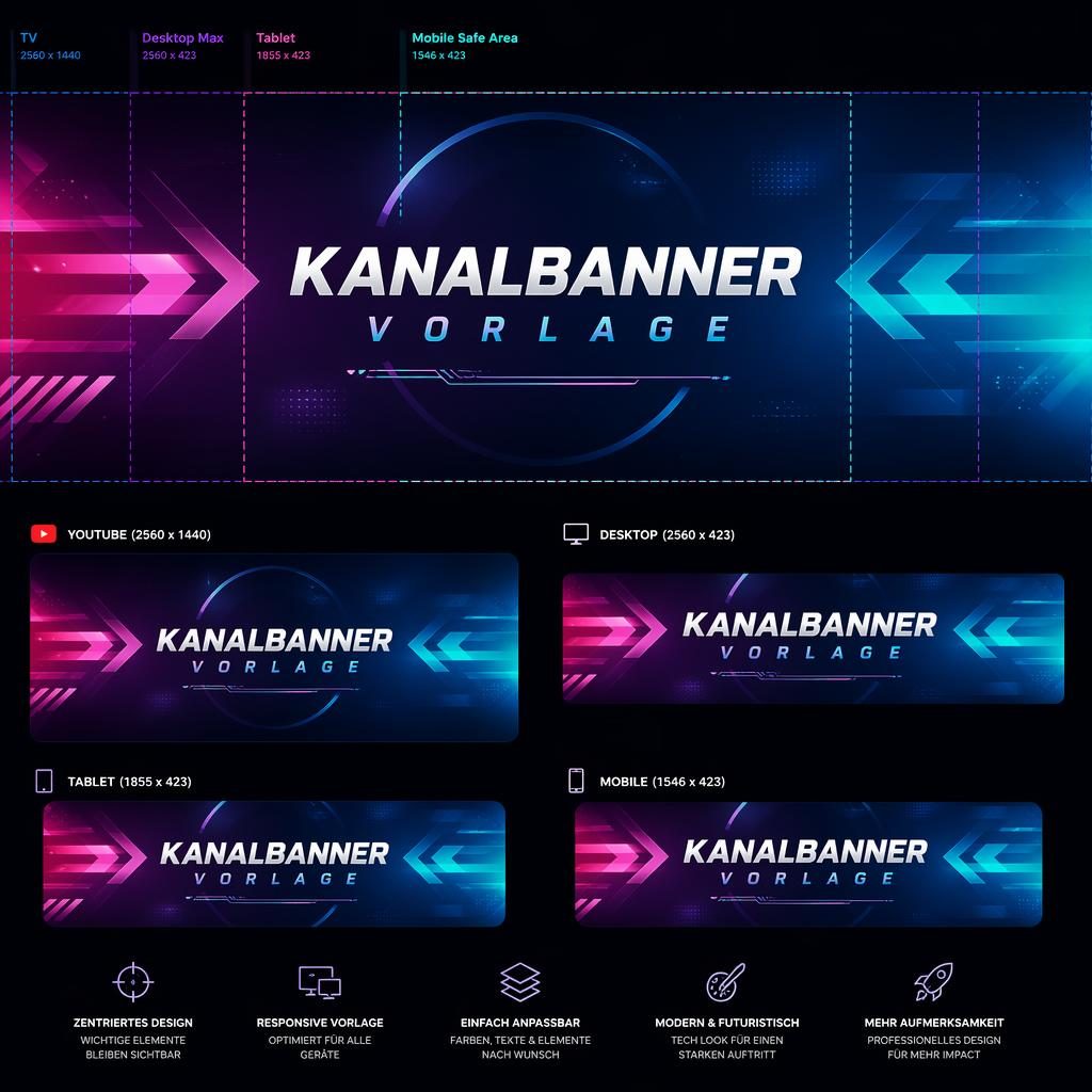 Futuristisches YouTube-Kanalbanner mit vibrantem Farbverlauf, Platzhalter-Typografie und zentrierter Safe-Zone