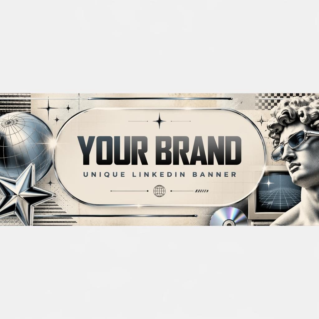 Wide social cover banner illustration with centered placeholder brand name, retro chrome gradients, and a vintage Y2K look.