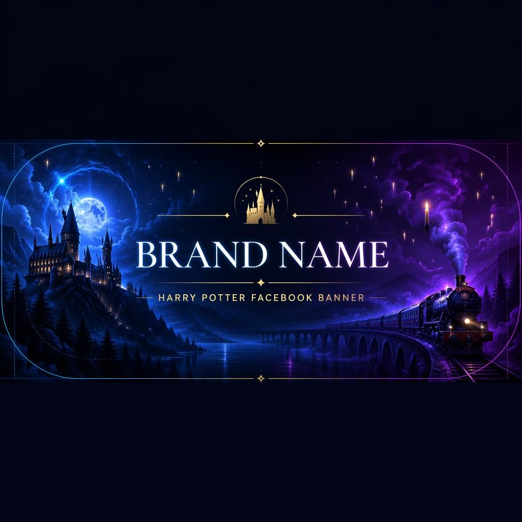 Illustrated multi-platform social cover banner with neon luxury colors, centered placeholder brand name and tagline, crop-safe layout.
