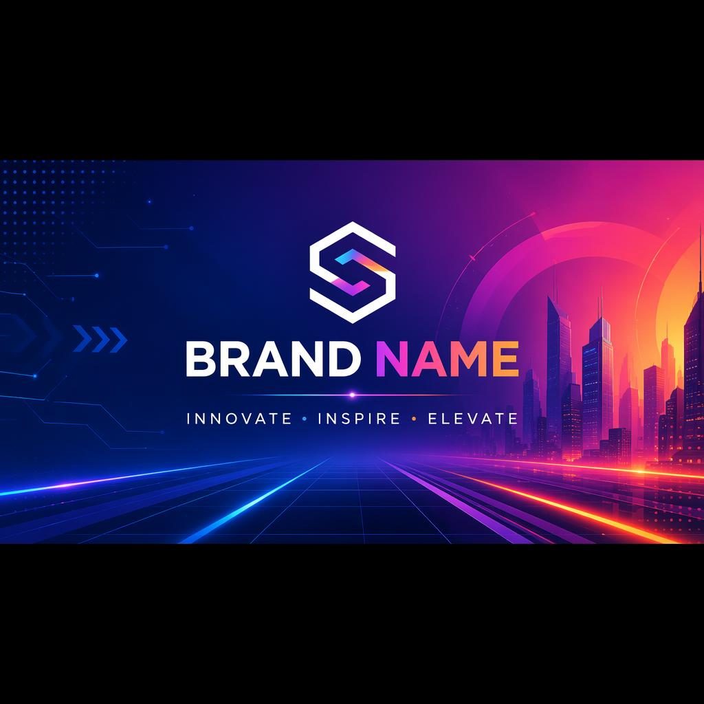 Tech futuristic Facebook cover banner with vibrant gradients, centered placeholder brand name and tagline, crop-safe layout