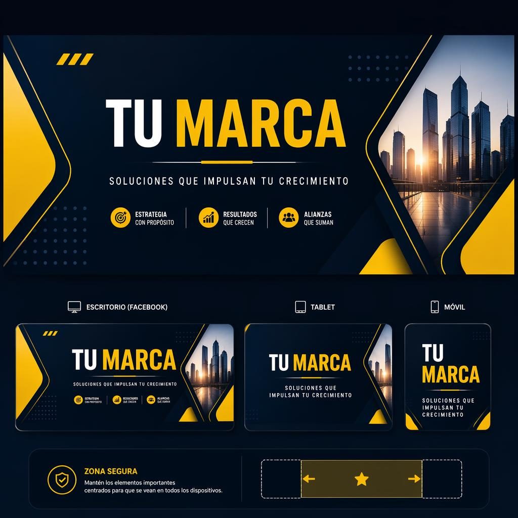Banner horizontal para portada facebook con tipografía de marca de marcador de posición, paleta intensa y composición centrada.