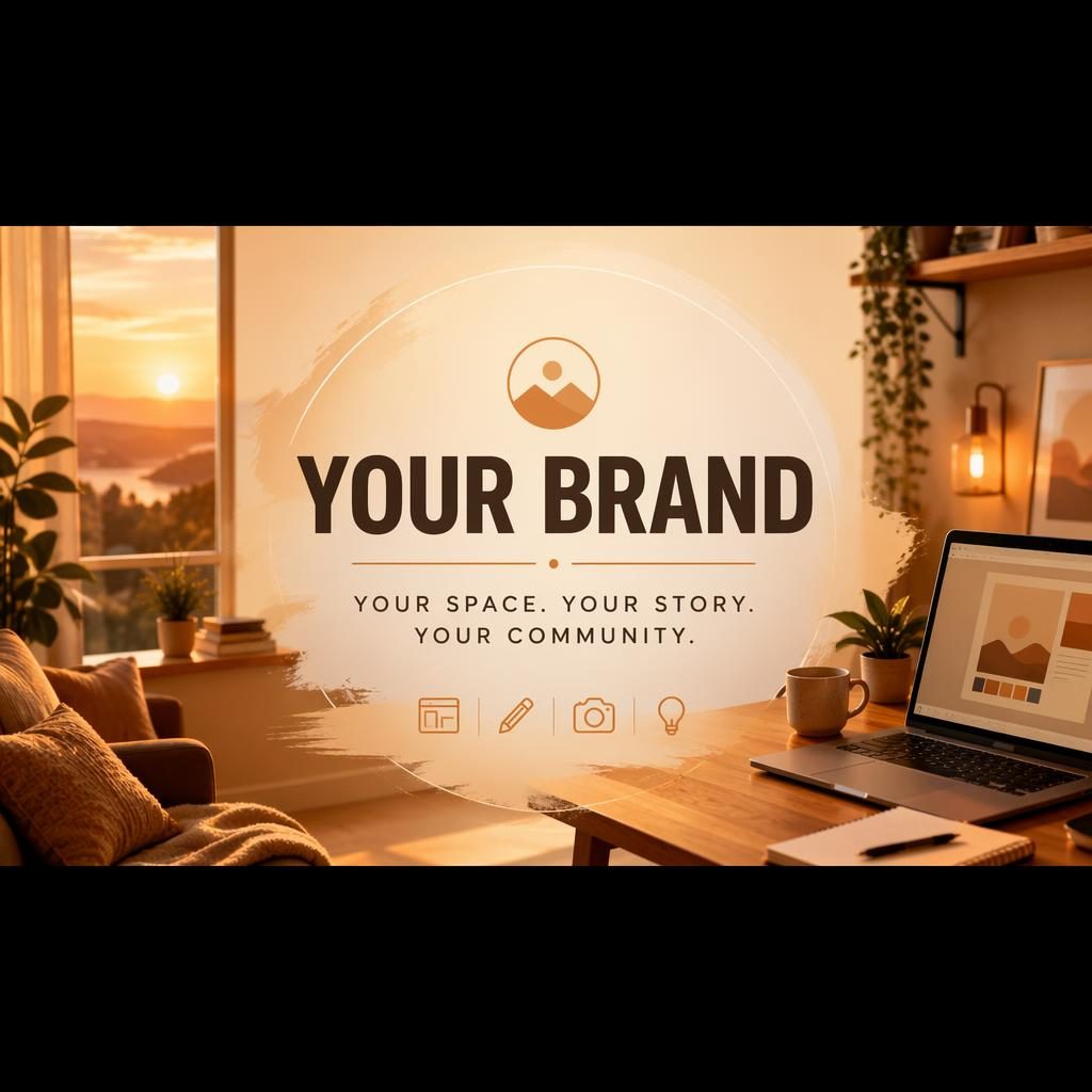 Warm sunset-toned social cover banner with centered brand placeholder, tagline area, and safe-zone layout for multi-platform crops.