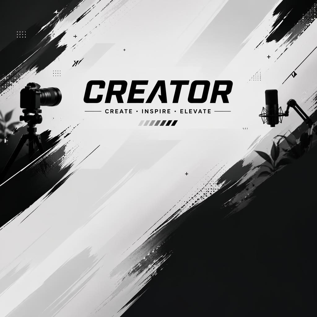 Minimal monochrome YouTube channel art banner with centered placeholder brand text, energetic creator style, and safe-zone layout.