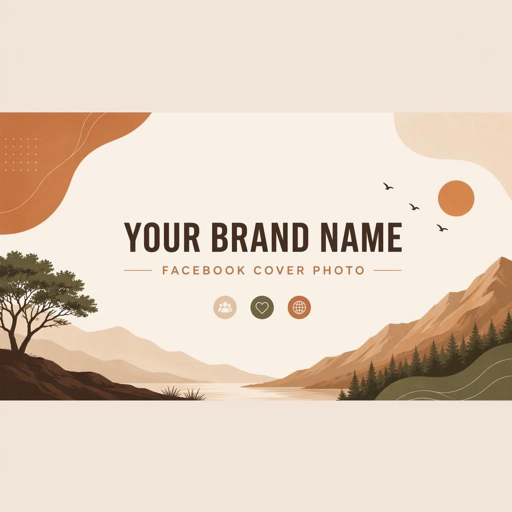 Minimalist social cover banner in warm earth tones with centered placeholder brand name and tagline, clean layout, safe-zone design.
