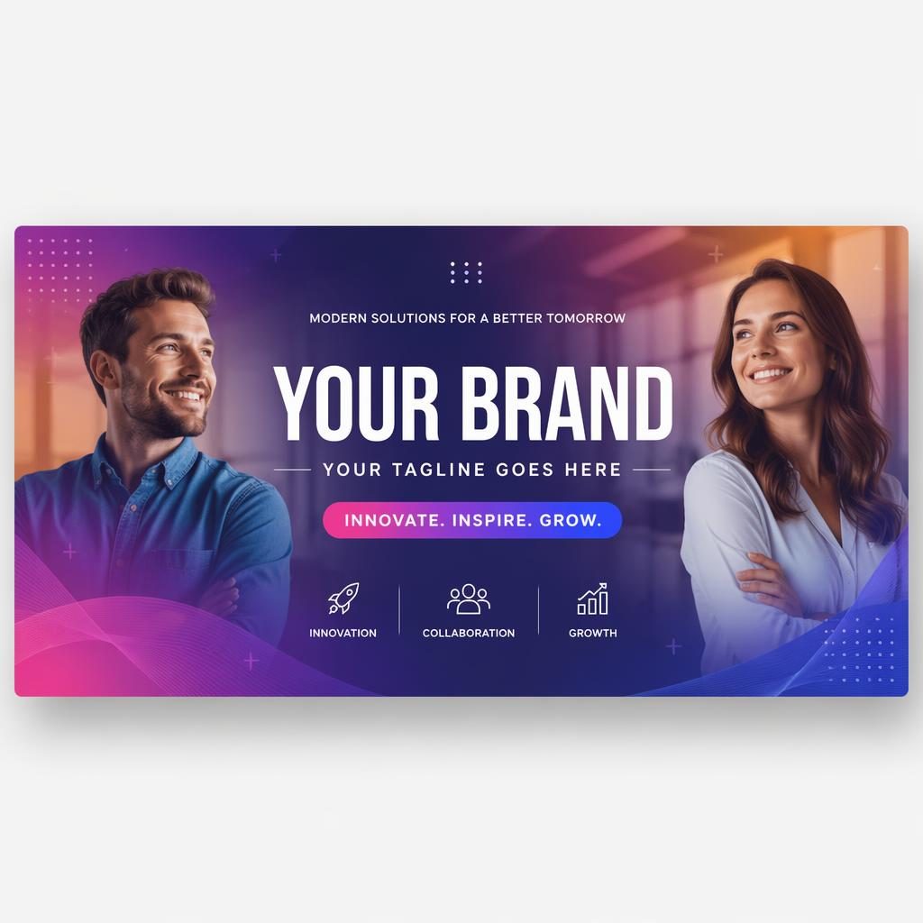 Fotorealistische Facebook-coverbanner met gecentreerde merknaam, tagline, verloopkleuren en strakke social header-opmaak.