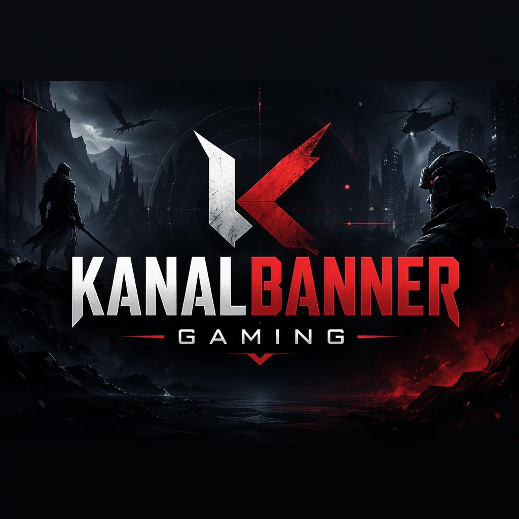Düsteres 16:9 Gaming-Kanalbanner mit zentrierter Typo-Platzhalterfläche, dunkler Farbpalette und safe-zoneoptimiertem Layout.