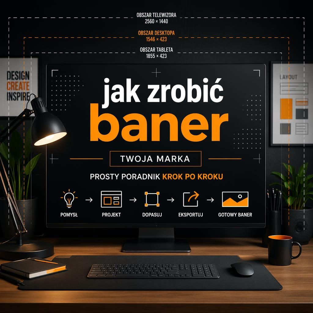 Minimalistyczny baner social media z napisem jak zrobić baner, centralnym układem i nowoczesnym motywem workspace.
