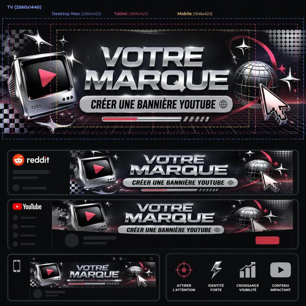 Bannière de couverture multi-plateforme rétro Y2K chrome avec typographie de marque centrée et composition sûre