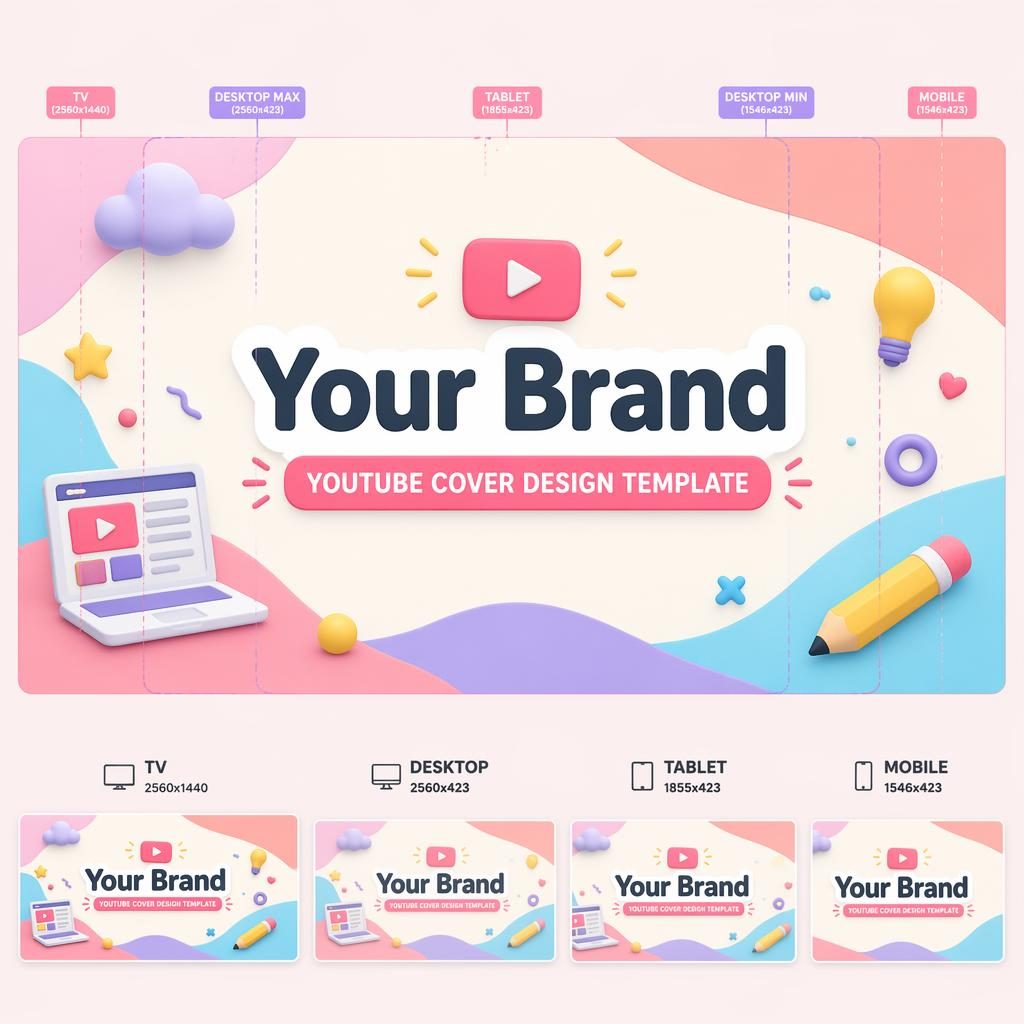 Playful pastel multi-platform social cover banner with centered placeholder brand name, tagline area, and safe crop zone layout