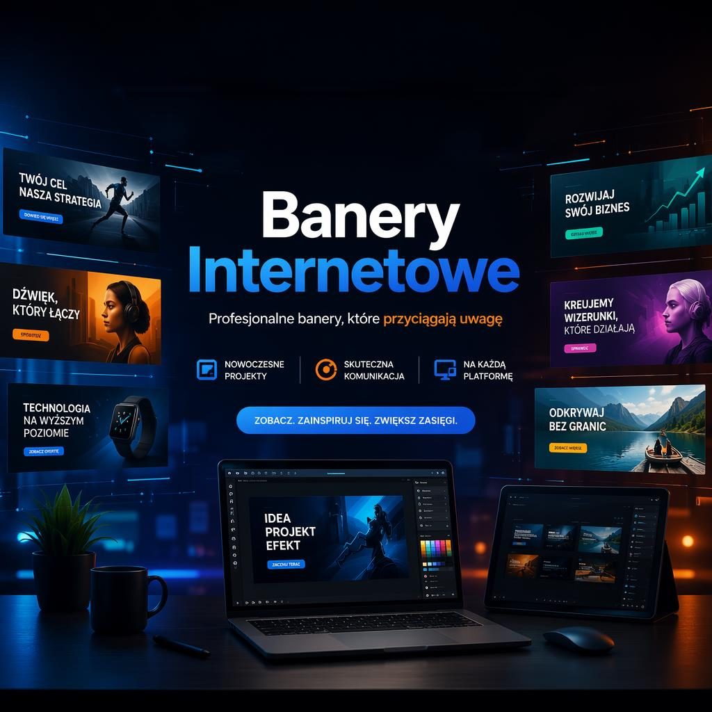 Nowoczesny baner social media 16:9 z napisem Banery Internetowe, świecącymi ekranami i elementami interfejsu