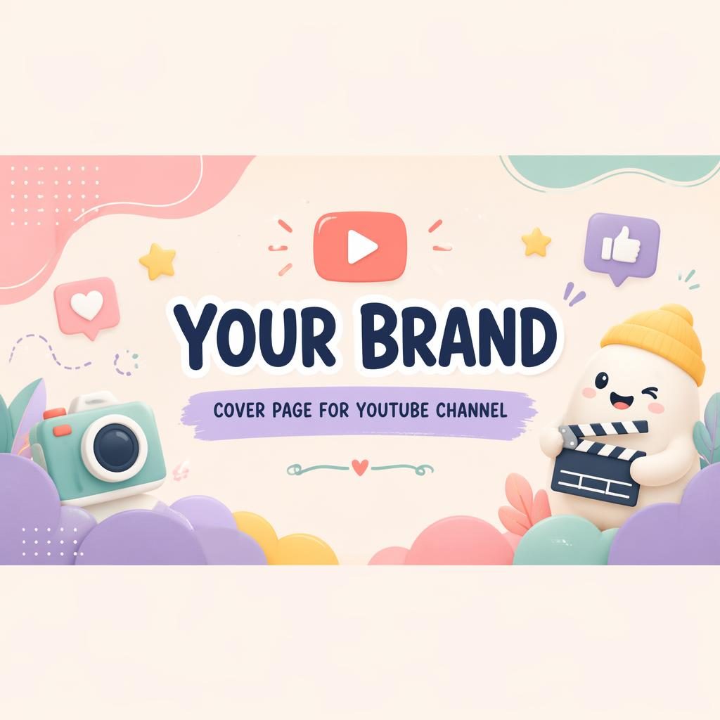Playful pastel social cover banner with centered brand name and tagline placeholders, designed for safe multi-platform crops.
