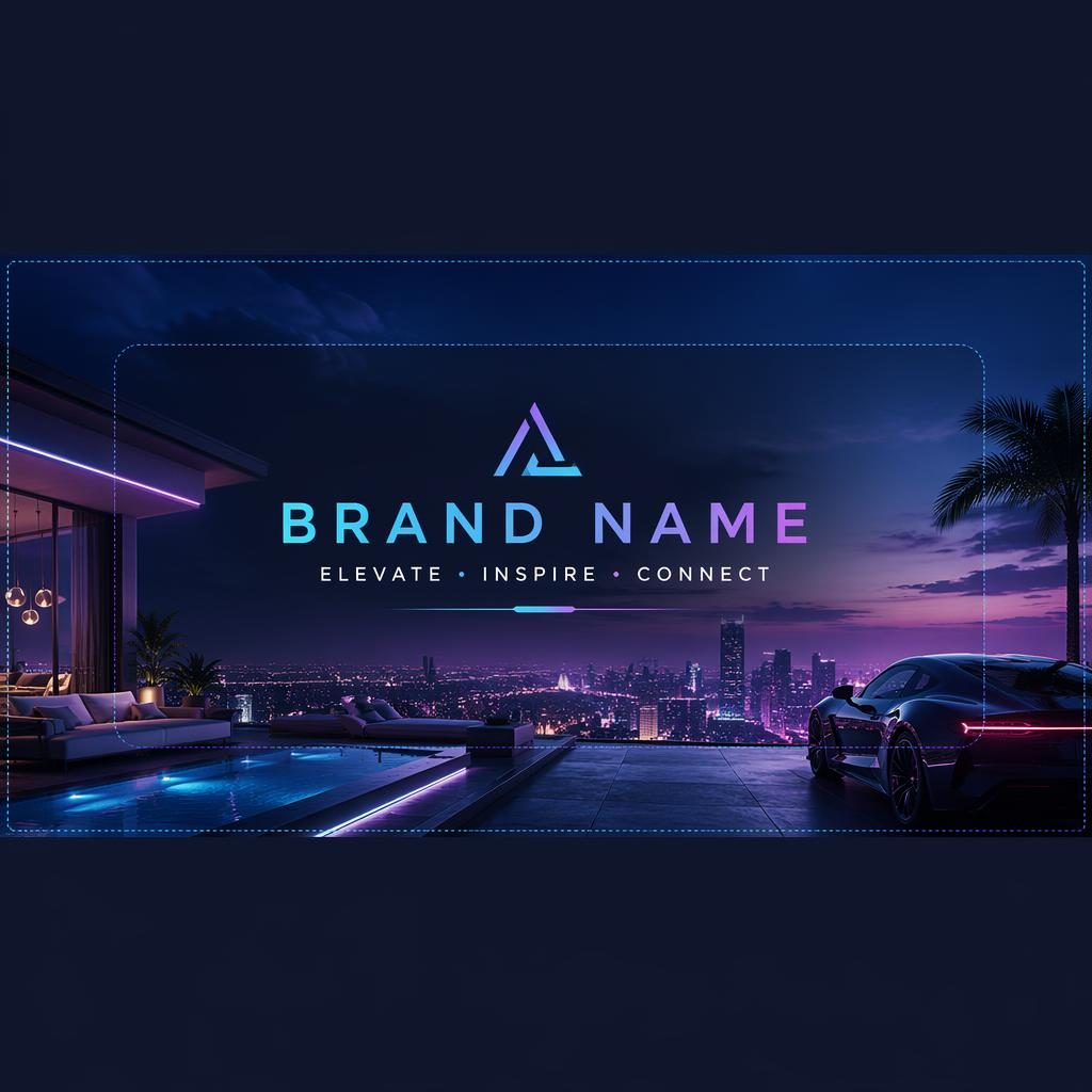 Illustrated luxury neon social media banner with centered brand name and tagline, wide Reddit-style cover layout.