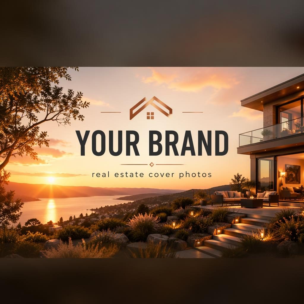 Warm sunset real estate social cover banner with cozy homes, centered placeholder brand name and tagline, crop-safe layout