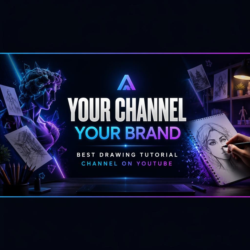 Luxury neon social cover banner with placeholder brand name, tagline layout, and centered safe-zone composition for crops.