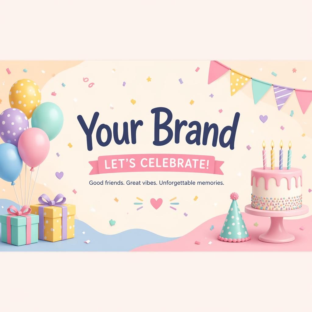 Playful pastel social cover banner with centered placeholder brand name and tagline, designed for safe cropping across platforms.