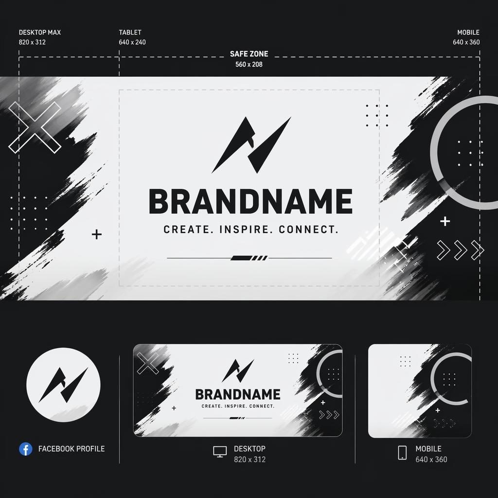 Minimal monochrome social cover banner illustration with centered placeholder brand name, tagline, and safe crop layout