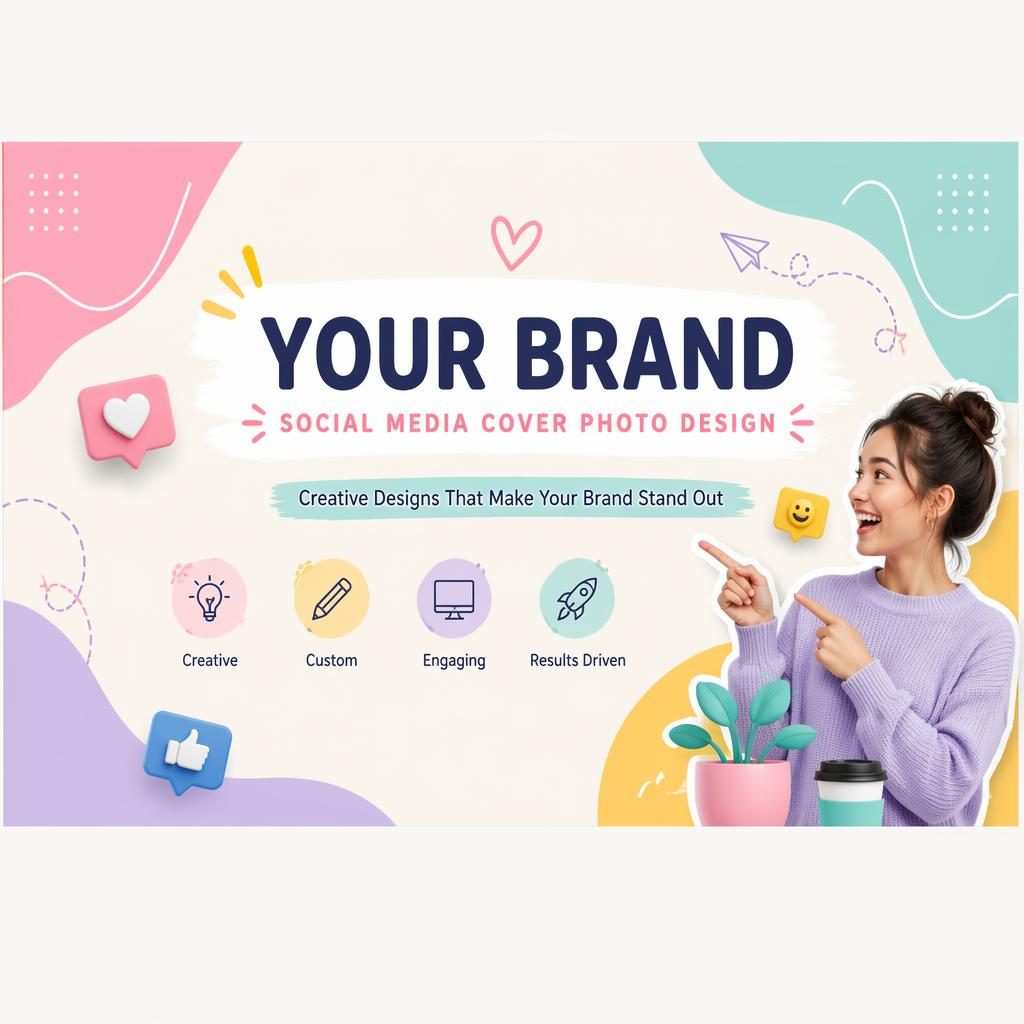 Playful pastel social cover banner with centered placeholder brand name and tagline, designed for Facebook safe-zone crops