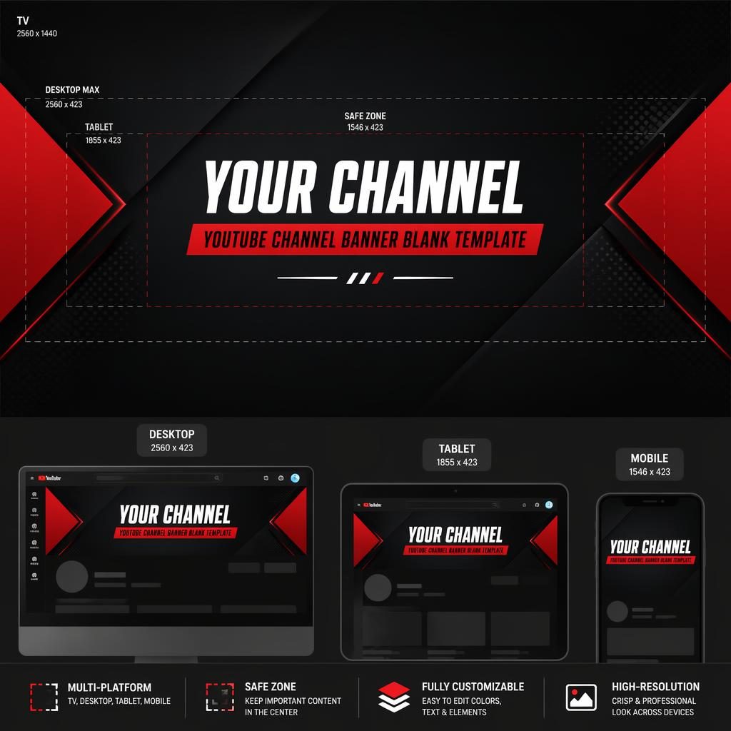 Professional YouTube channel banner blank template with bold high-contrast colors, centered placeholder brand text, and safe zone layout.