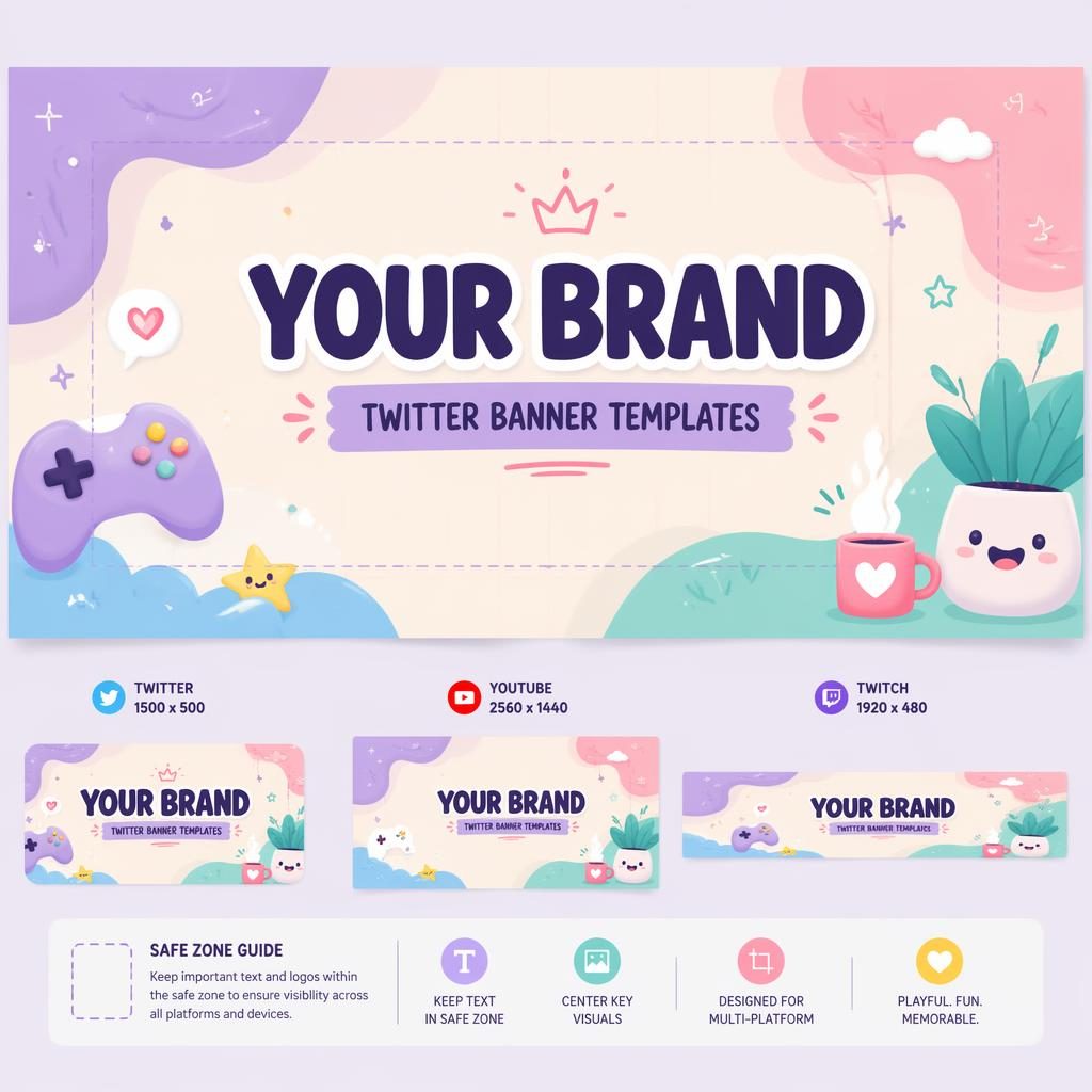 Playful pastel social cover banner illustration with centered placeholder brand name and tagline, designed for Twitch and Twitter crops.