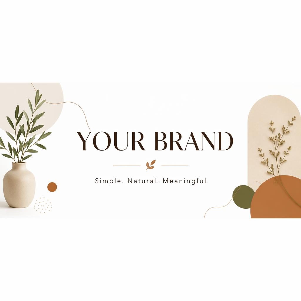 Minimalist Facebook cover banner on a white background with centered placeholder brand name and tagline in warm earth tones.