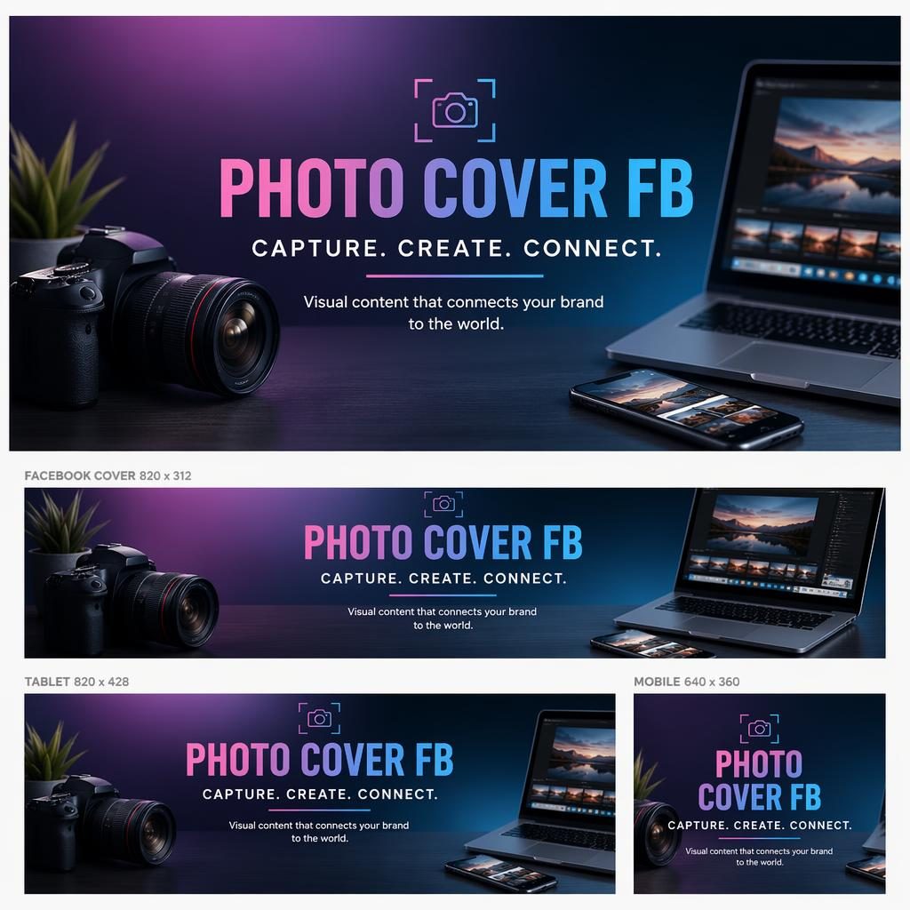 Photorealistic social cover banner with gradient background, centered brand text safe zone, and studio-style marketing imagery