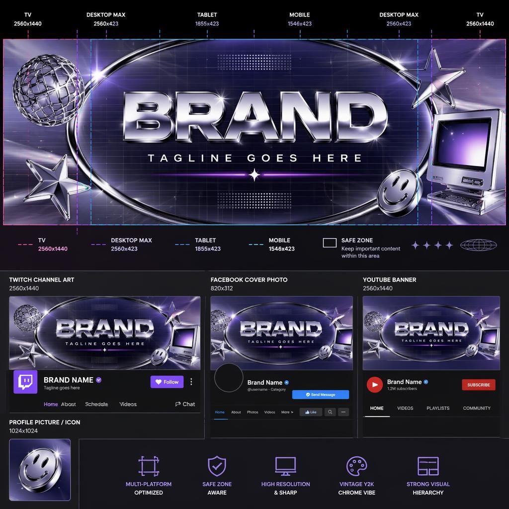 Banner horizontal retro Y2K con tipografía de marca, paleta cromada y composición centrada para recortes en Twitch y Facebook.