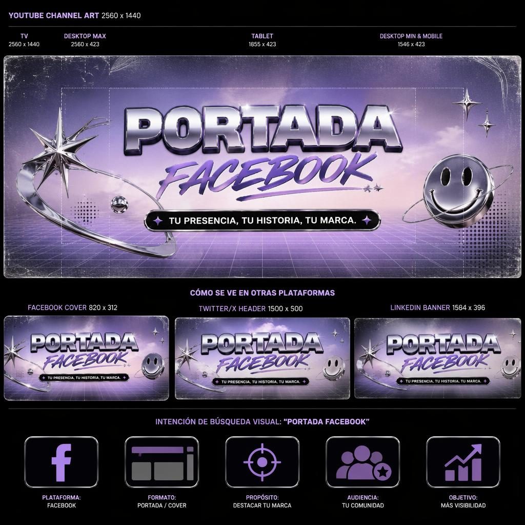 Banner horizontal retro Y2K con paleta cromada, tipografía de marca centrada y composición segura para varios recortes.