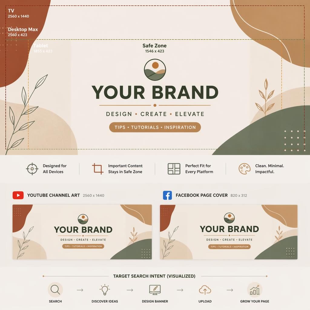 Minimalist multi-platform social cover banner in warm earth tones with centered placeholder brand and tagline layout.