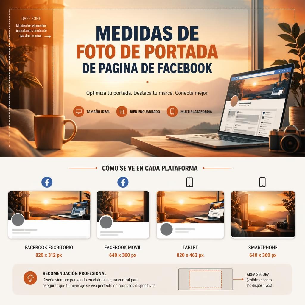 Banner ilustrado para portada de Facebook con paleta cálida al atardecer, jerarquía visual clara y zona segura centrada.