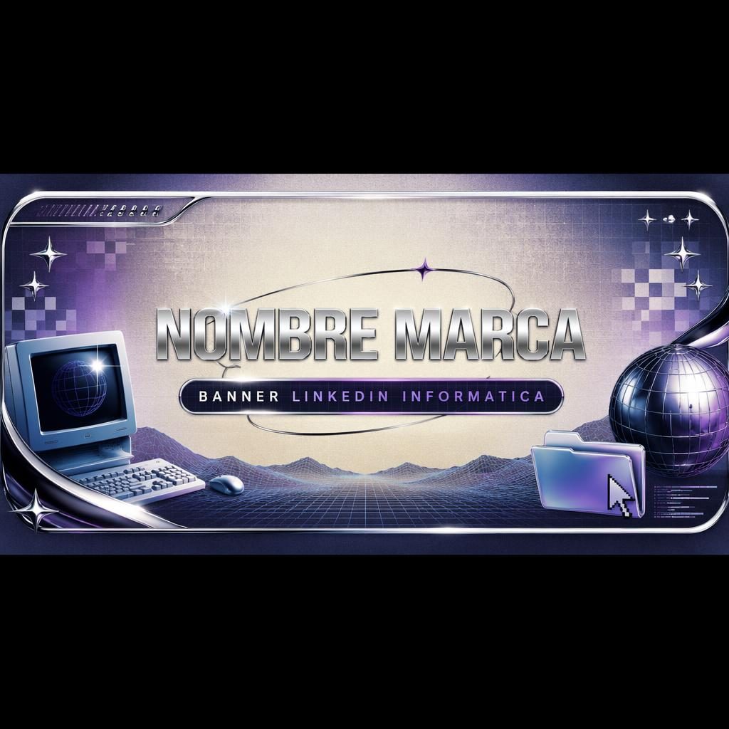 Banner social retro y2k con paleta cromada, composición centrada y tipografía de marca de marcador de posición.