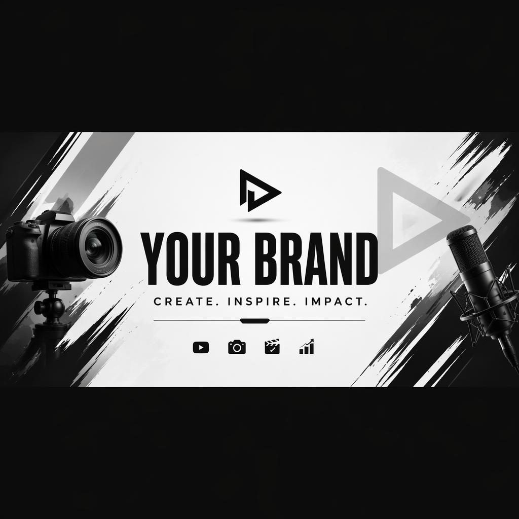 Minimal monochrome social cover banner with bold brand name placeholder, tagline, and centered safe-zone layout.