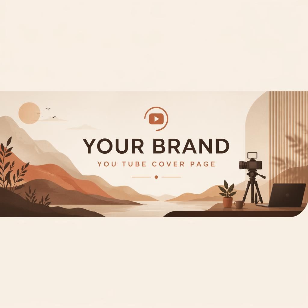 Minimalist social cover banner in warm earth tones with centered brand name and tagline placeholder typography in a safe zone layout.
