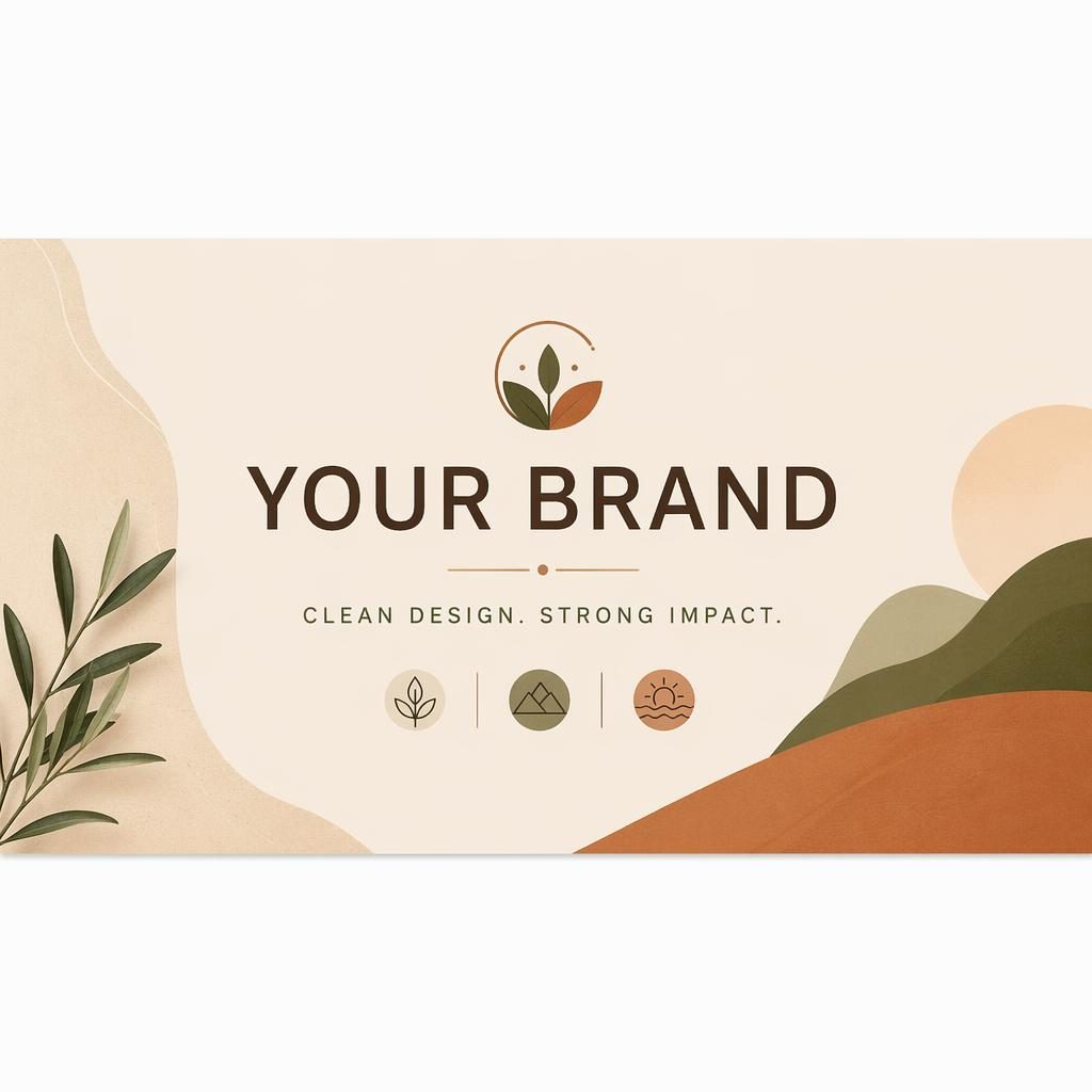 Minimalist social cover banner in warm earth tones with centered placeholder brand name and tagline in a clean layout