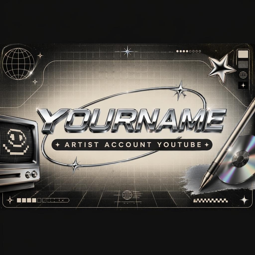 Vintage retro Y2K chrome social cover banner with centered placeholder brand name and tagline, designed for Discord and YouTube crops.