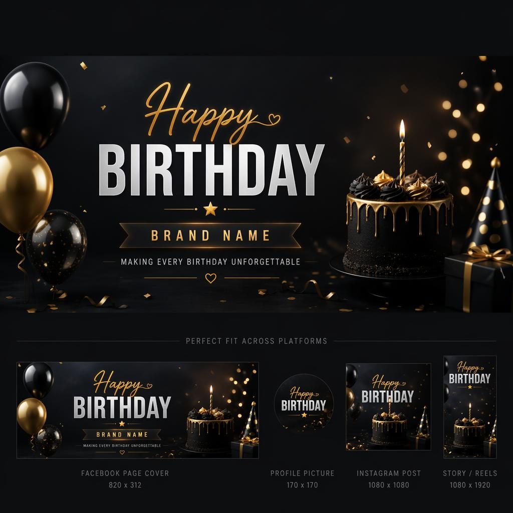 Dark moody Facebook cover banner with birthday-themed illustration, centered placeholder brand text, and safe-zone layout.