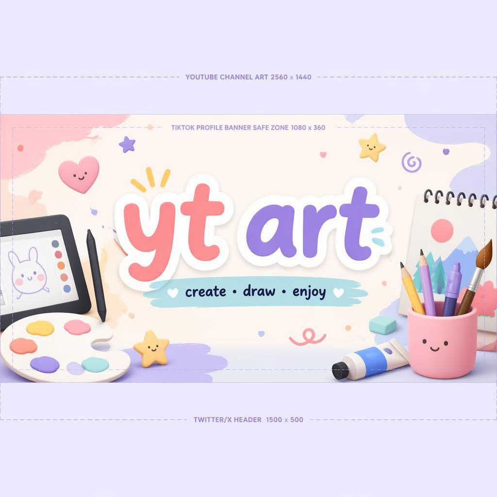 Playful pastel social cover banner illustration with centered yt art placeholder typography and safe crop-friendly layout.