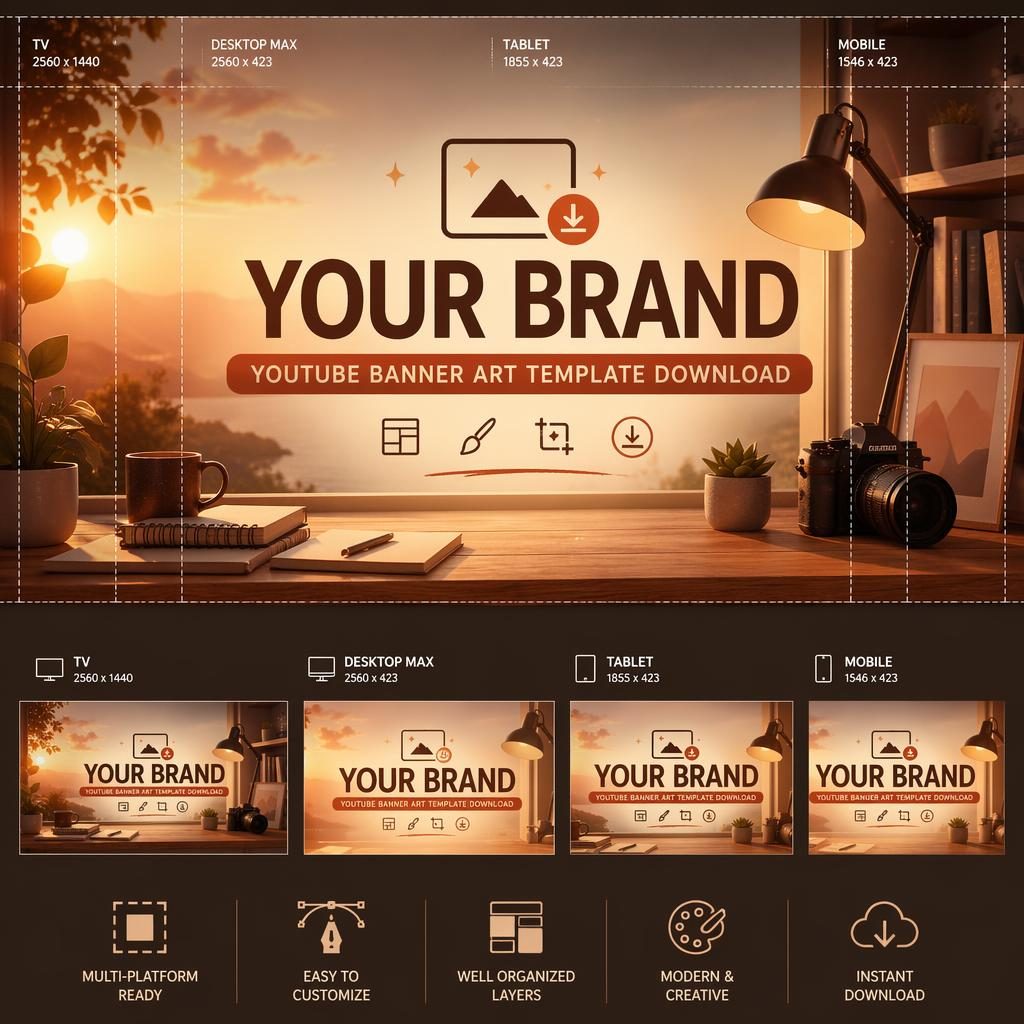 Warm sunset social cover banner illustration with centered placeholder brand name, tagline area, and safe-zone layout for crops.