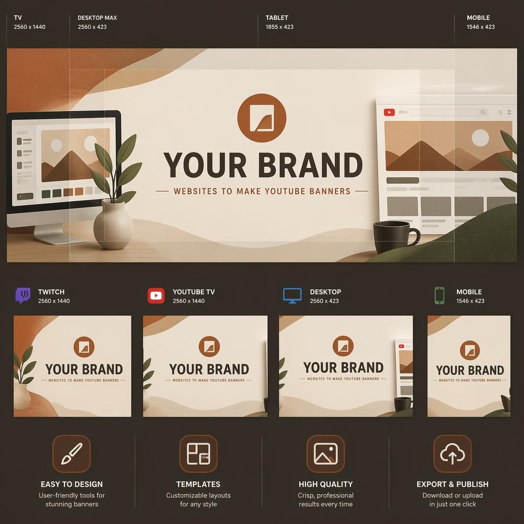 Minimalist Twitch channel art banner in warm earth tones with centered placeholder brand name and tagline layout.