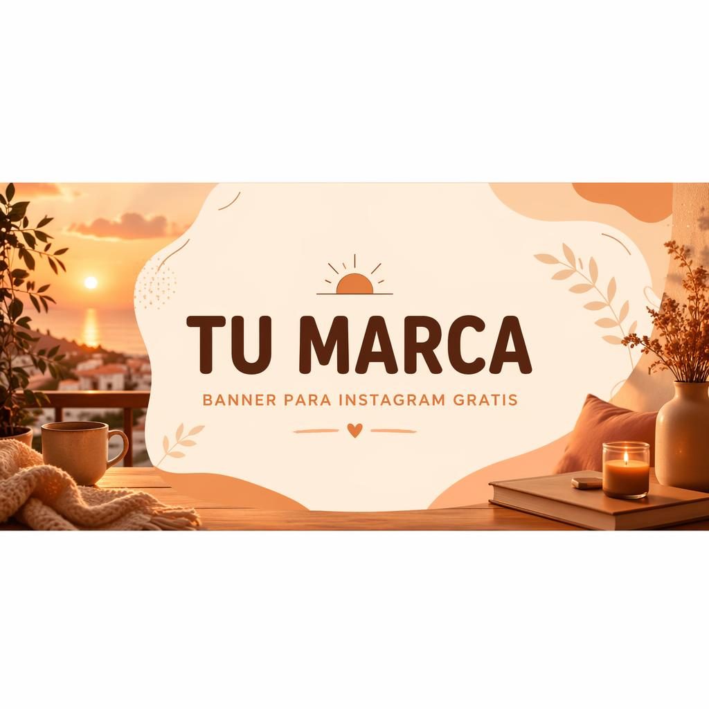 Banner ilustrado para redes con paleta de atardecer cálida, tipografía de marca de relleno centrada y composición segura.