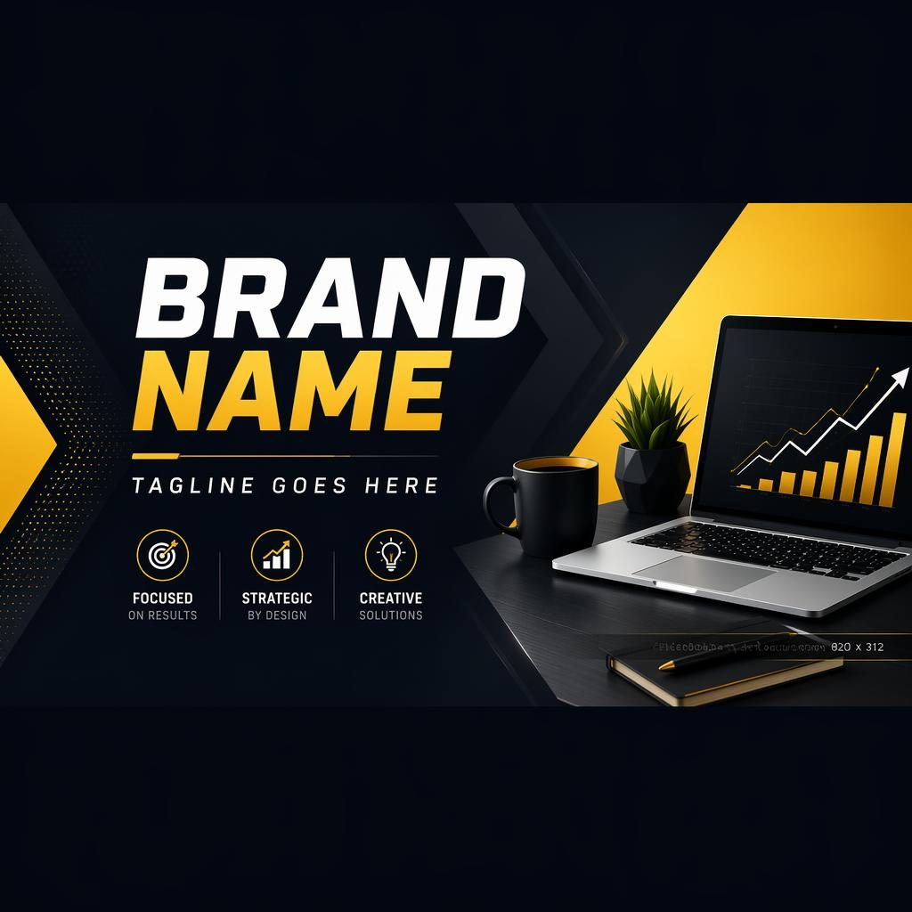 Illustrated multi-platform social cover banner with centered brand placeholder text, bold high-contrast colors, and safe-zone layout.