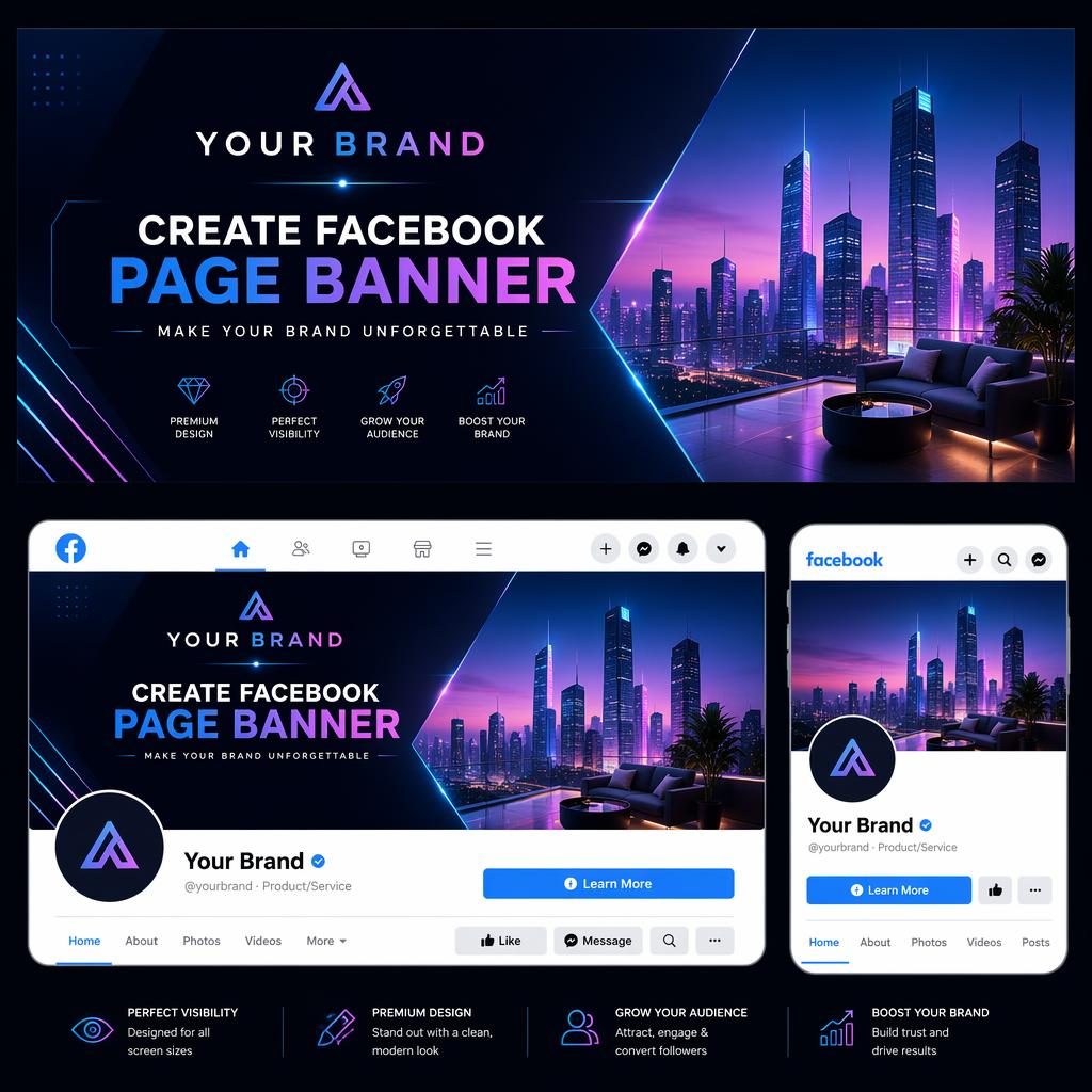 Luxury neon social cover banner illustration with centered placeholder brand name and tagline in a Facebook-safe layout