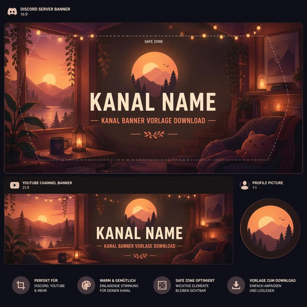 Illustrativer Discord-Serverbanner in warmen Sunset-Farben mit zentrierter Platzhalter-Typografie und sicherer Crop-Zone