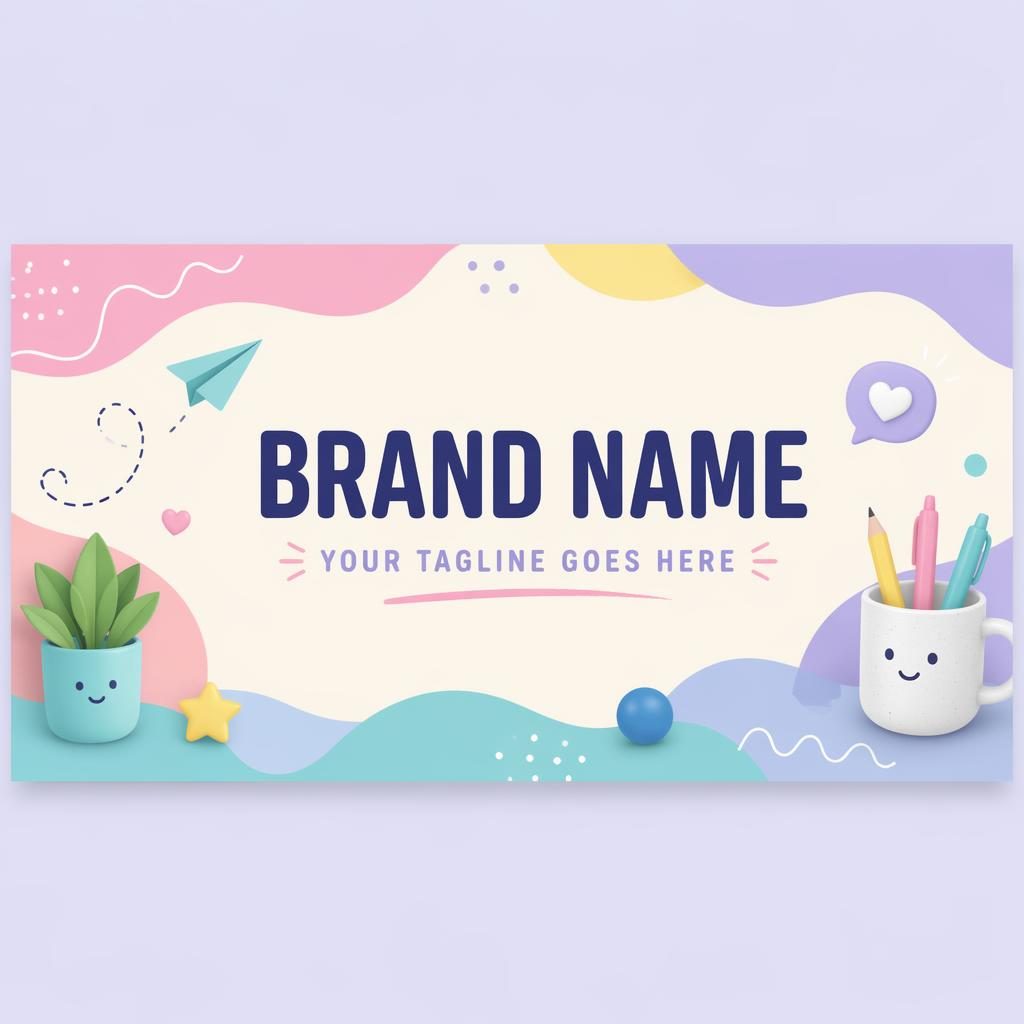 Playful pastel social cover banner illustration with centered placeholder brand name and tagline, designed for Facebook crop-safe use.