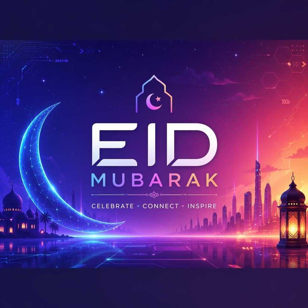 Futuristic social cover banner with vibrant gradient background, crescent moon motifs, and centered placeholder brand text.